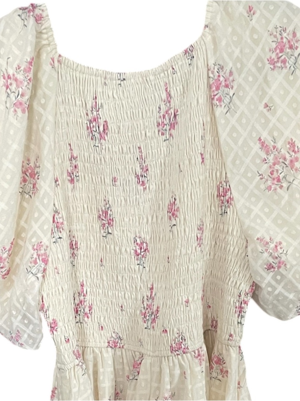 Polagram Pink Floral Textured Dot Smocked Midi Dress - Picture 7 of 7